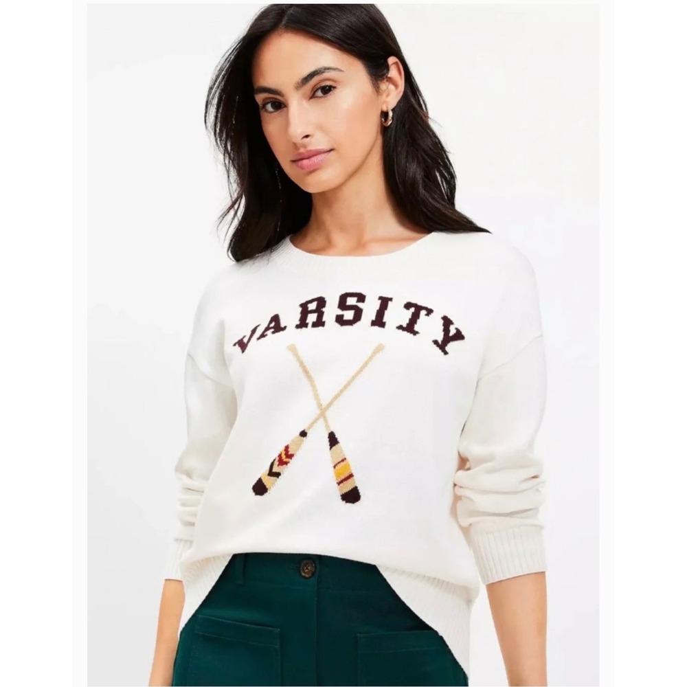 Loft Women Cream 100% Cotton Varsity Oars Graphic Crewneck Sweater Size M